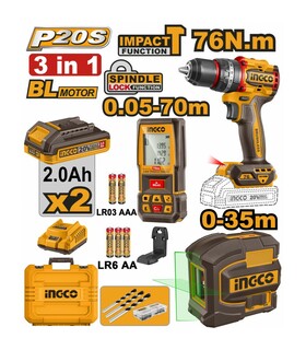 SET TRAPANO AVVITATORE 76NM + LIVELLA AUTOLIVELLANTE VERDE + RILEVATORE DI DISTANZA INGCO