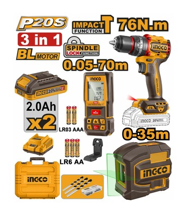 SET TRAPANO AVVITATORE 76NM + LIVELLA AUTOLIVELLANTE VERDE + RILEVATORE DI DISTANZA INGCO