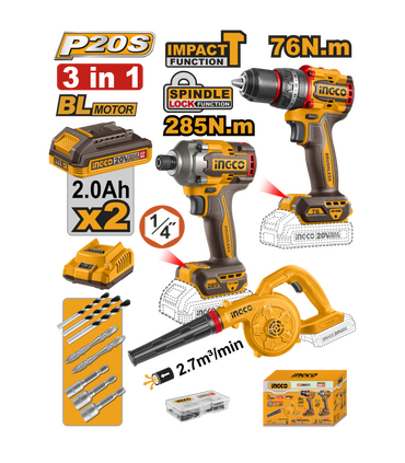 SET TRAPANO A PERCUSSIONE 76NM + TRAPANO A PERCUSSIONE 285NM - SOFFIATORE INGCO