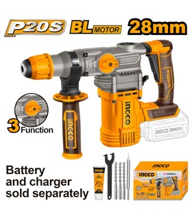 MARTELLO DEMOLITORE BATTERIA 20V BRUSHLESS + 3 PUNTE INGCO