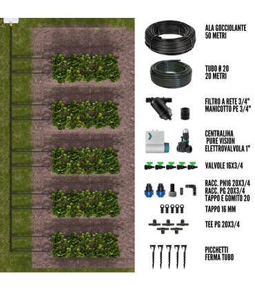 Kit Irrigazione a goccia automatico 50 mq con Pure Vision + Elettrovalvola 9V