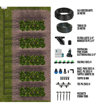 Kit Irrigazione a goccia automatico 50 mq con Pure Vision + Elettrovalvola 9V