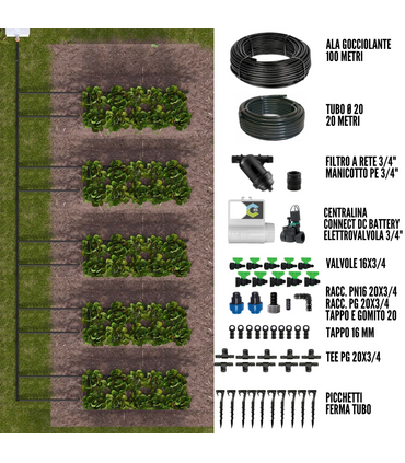 Kit Irrigazione a goccia automatico 100 mq con centralina Connect DC Battery + Elettrovalvola 9V