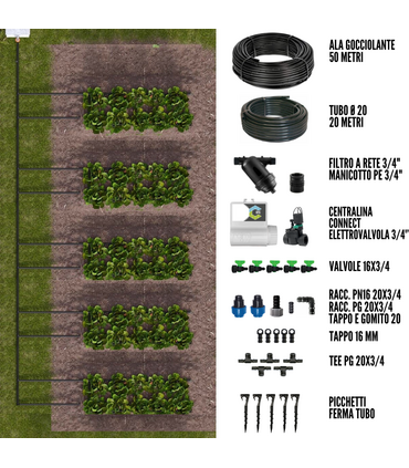 Kit Irrigazione a goccia automatico 50 mq con centralina Connect DC Battery + Elettrovalvola 9V