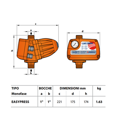 REGOLATORE DI PRESSIONE PEDROLLO EASYPRESS CON MANOMETRO 2 HP 230V 1.5 BAR