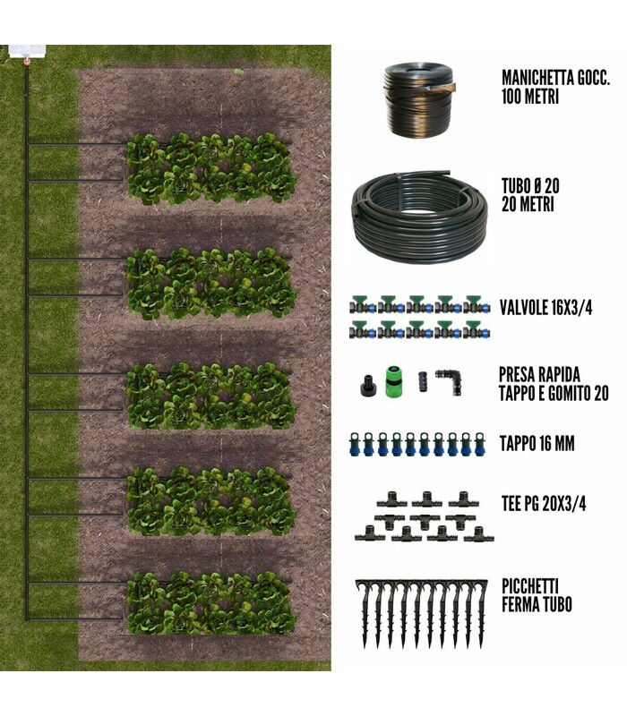 Kit Irrigazione a Goccia 100 mq ø 16 mm passo 30 cm Manichetta Ala