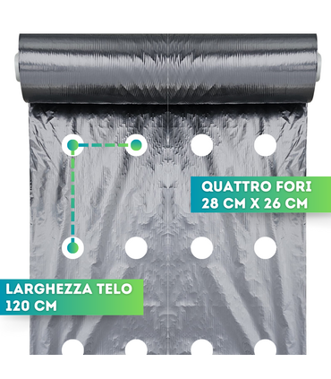 Telo nero per pacciamatura con 4 fori 28x26 cm largh. 120 cm Bio Orto