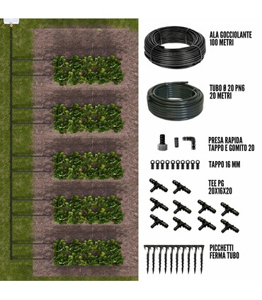 Kit Irrigazione a goccia Easy 100 Mq con ala gocciolante per orto e Giardino