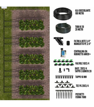 Kit Irrigazione a goccia con Amico+ per Orto Giardino 100 mq Ala Gocciolante con Filtro