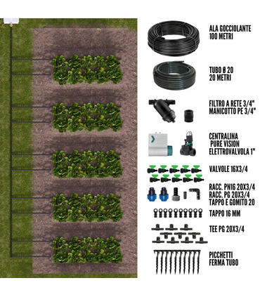 Kit Irrigazione a goccia automatico 100 mq con Pure Vision + Elettrovalvola 9V