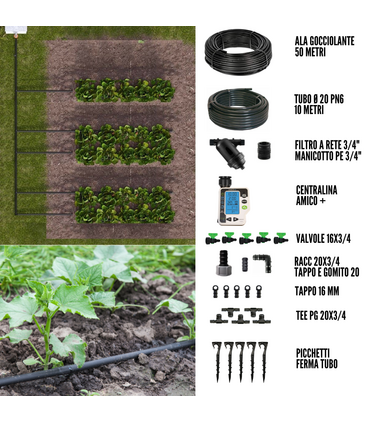 Kit Irrigazione a goccia con Amico+ per Orto Giardino 50 mq Ala Gocciolante con Filtro