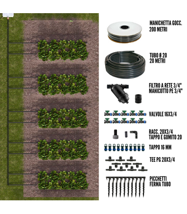Kit Irrigazione a Goccia 200 mq passo 20 cm Manichetta Ala Leggera Con Filtro