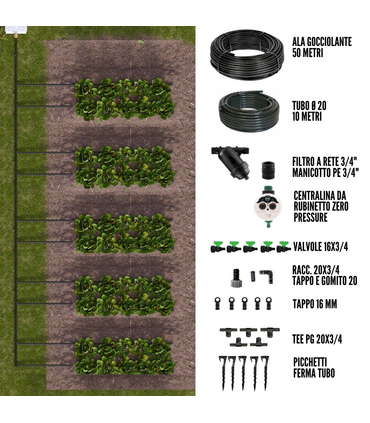 Kit Irrigazione a goccia con Centralina Zero Pressure per Orto Giardino 50 mq Ala Gocciolante con Filtro