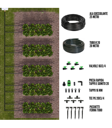 Kit irrigazione Orto Giardino 25 mq P. 20 Ala Gocciolante Orto e Giardino