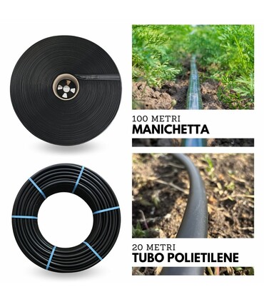 Kit di Irrigazione a Goccia Orto 100 mt Manichetta ala gocciolante leggera 2 l/h passo 20 cm + 20 mt Tubo PN6 diam. 20mm