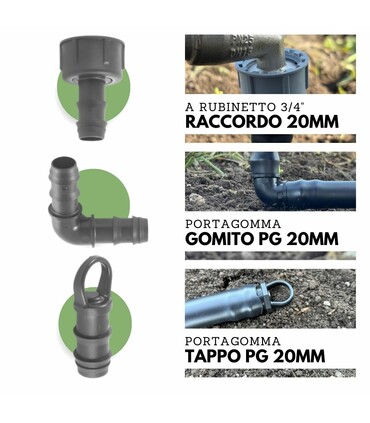 Kit di Irrigazione a Goccia Orto 100 mt Manichetta ala gocciolante leggera 2 l/h passo 20 cm + 20 mt Tubo PN6 diam. 20mm