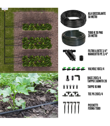 Kit Irrigazione a goccia Orto Giardino 50 mq Ala Gocciolante con Filtro