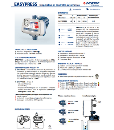 Pressoflussostato Pedrollo Easypress HP2