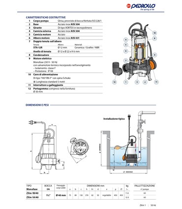Elettropompa Sommergibile ZXm1 220V Monofase per Acque Sporche ''Vortex''